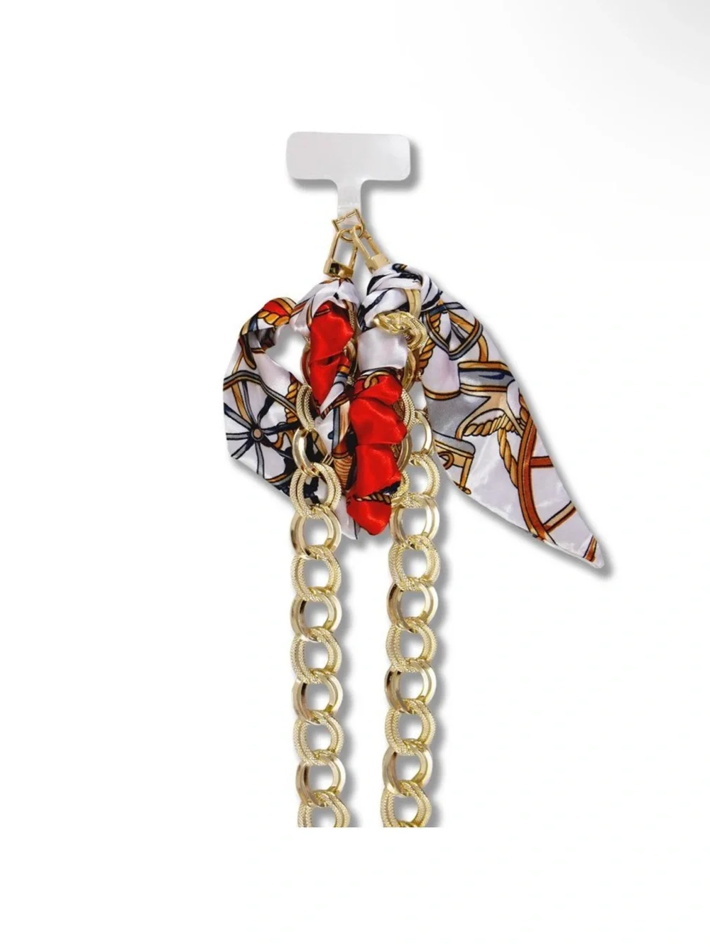 HelloLux Gold Crossbody Chain with Red Patterned Scarf for Phone  *NEW*